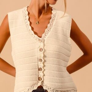 Cream Crochet Button-Up Vest